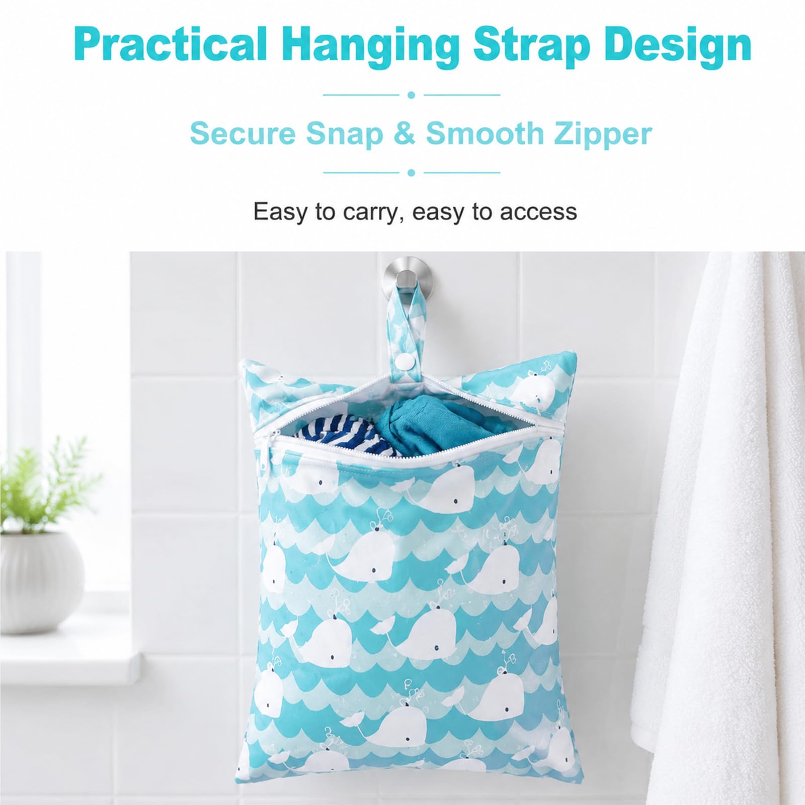 Set da 3 Wetbags Blu Balena Design, Borse Impermeabili per Pannolini e Indumenti bagnati per Neonati e Asilo, Wetbag Portatile per Viaggio con Dolce Motivo Balena
