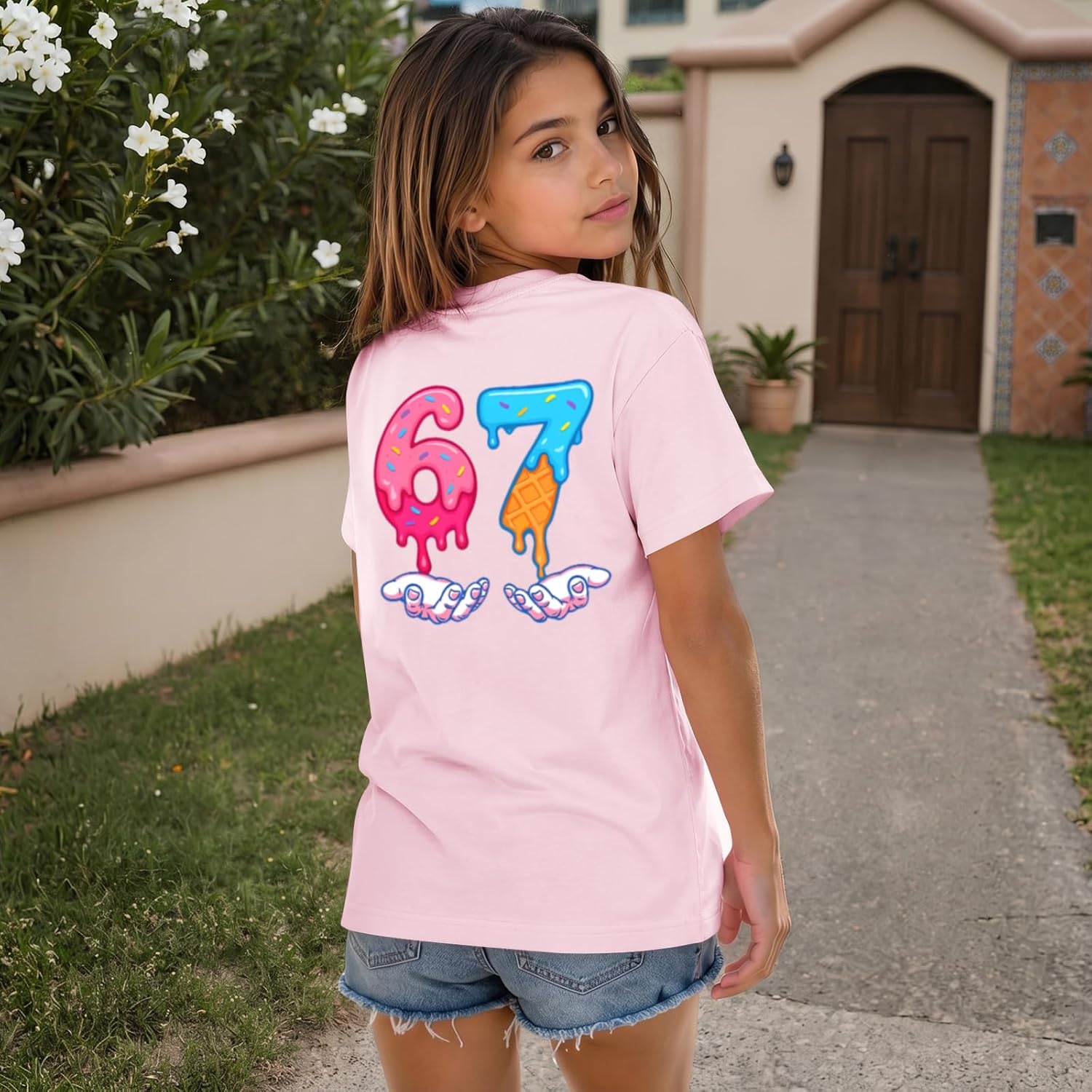Girls Ice Cream 67 Shirt Cute Six Seven Graphic Tees Preppy Cotton Crew Neck Shirts Casual Summer Short Sleeve Tops
