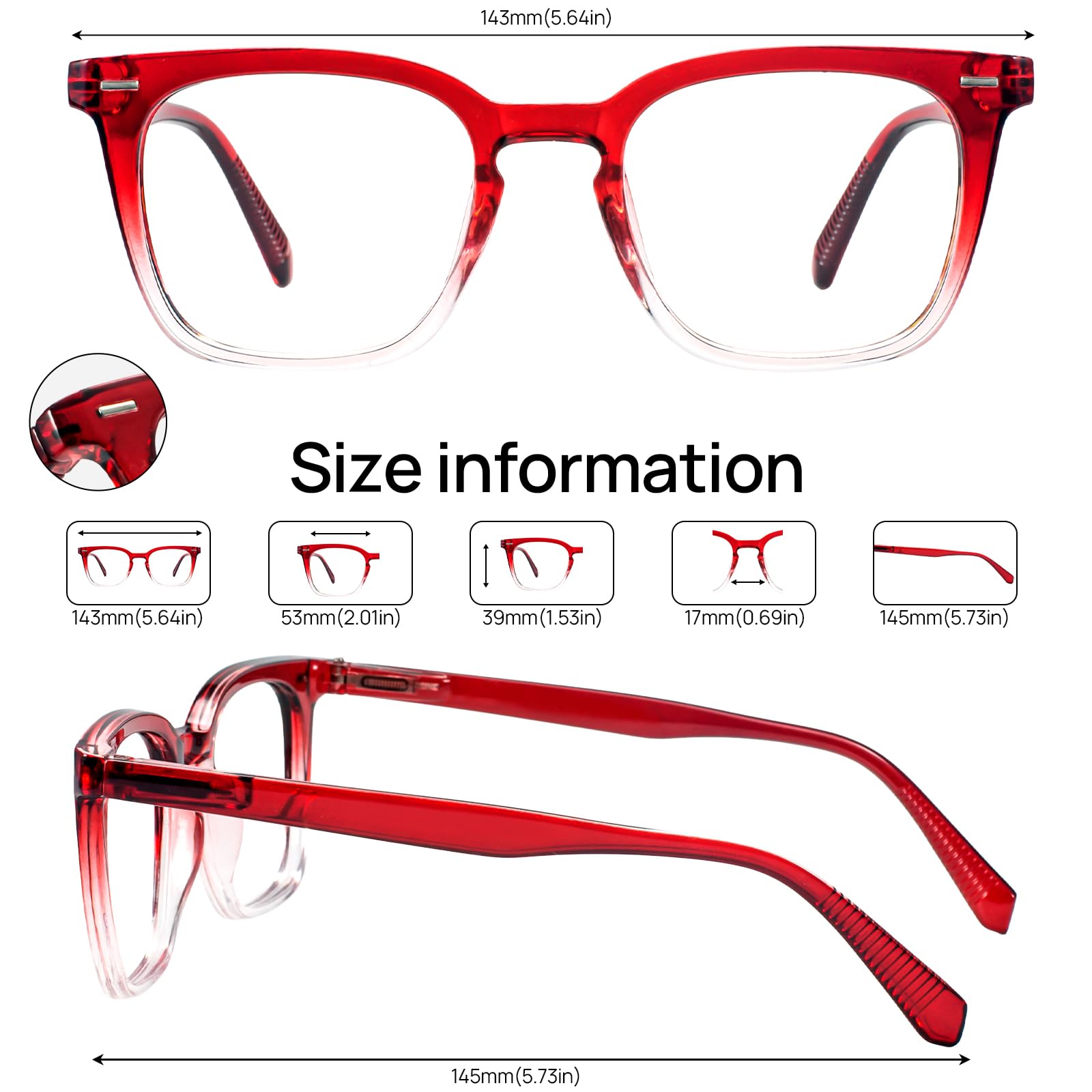 OCCI CHIARI Big Rectangle Plain Glass Spectacles for Women Fashion Blue Light Glasses Women's Rivet Decorated Glasses Spring Hinge (Red-Transparent) - Image 4