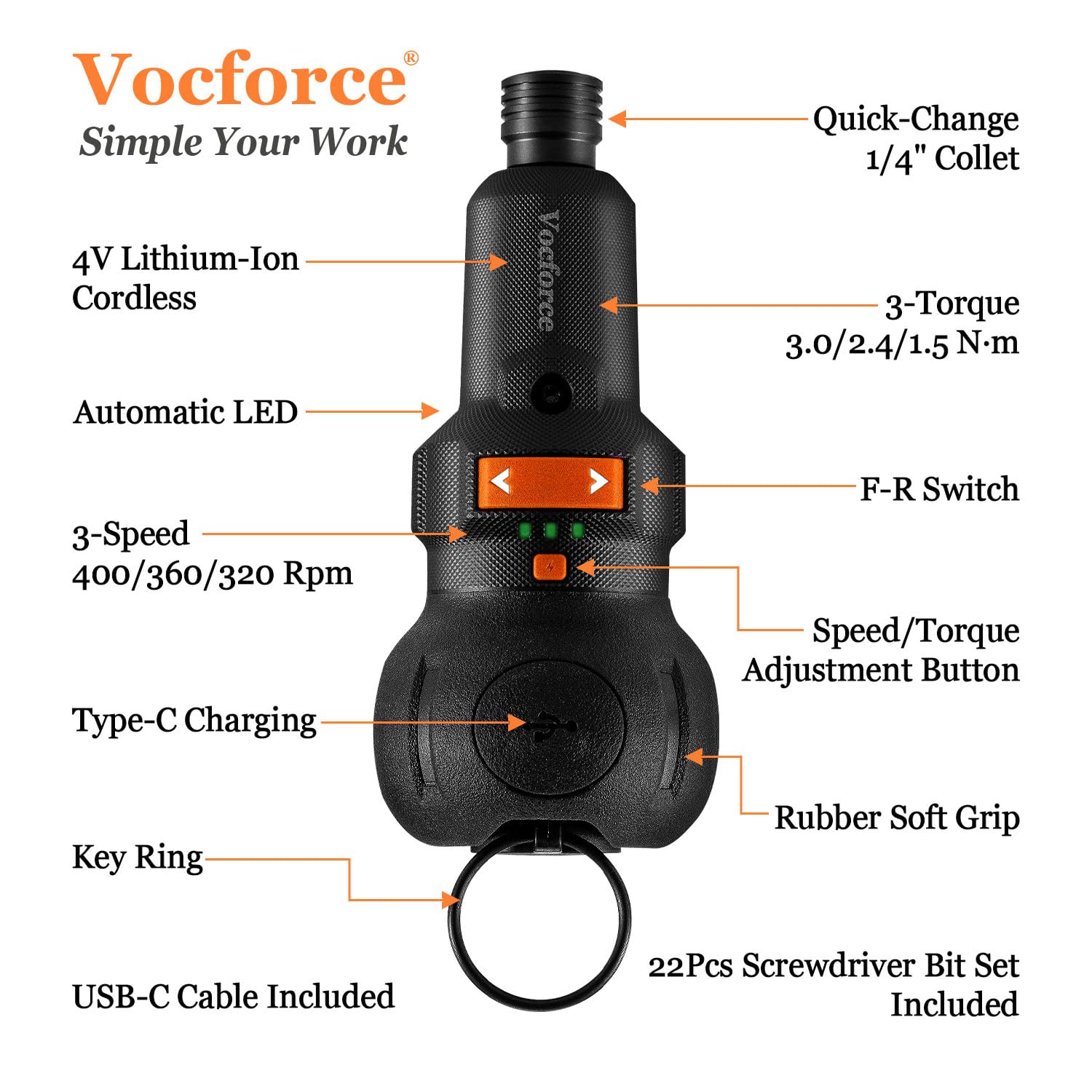 WORX - 4V 3-Speed Compact Screwdriver with 12 Accessory Bits, Dual LED Lights, and 3 WORX - 4V 3-Speed Compact Screwdriver with 12 Accessory Bits, Dual LED Lights, and 3