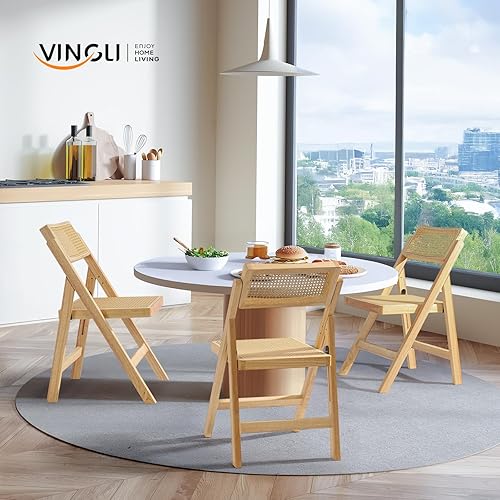 Miniatura 8 de VINGLI Paquete de 2 sillas plegables de madera de ratán, silla plegable de comedor con respaldo giratorio de 360, marco de madera de caucho