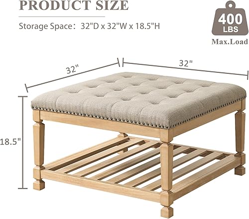 Miniatura 2 de Mesa de centro otomana cuadrada grande, reposapiés tapizado sólido de lino con estante de madera maciza, mesa de centro copetuda para dormitorio,