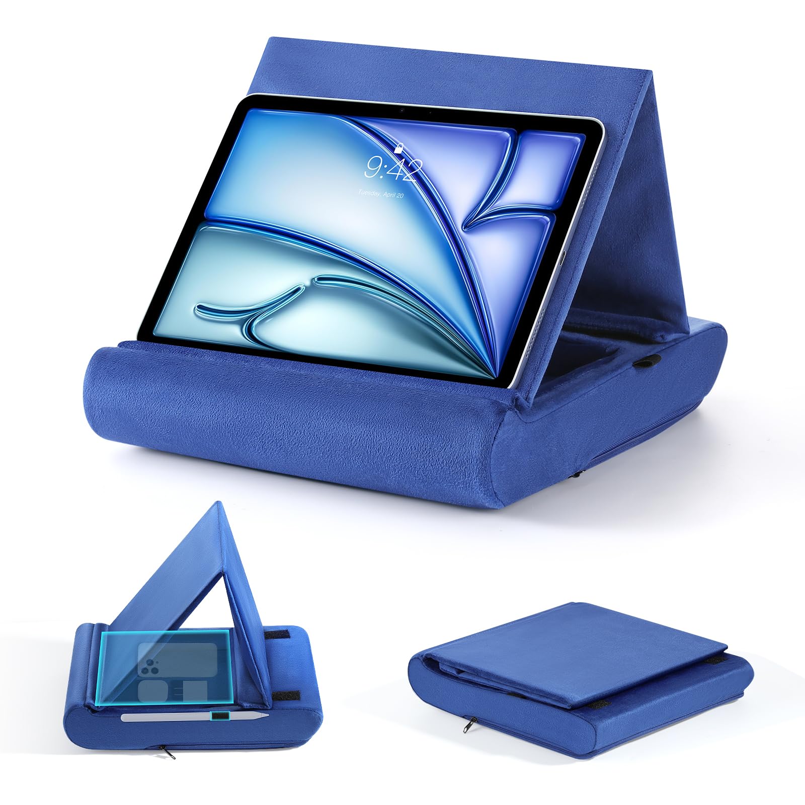 MoKo Soporte Almohada para Tablet, Almohada para Laptop/Cama/Escritorio, Soporte Plegable Tablet 12", con Bucle Lápiz, Apto para iPad Air 6 2024, iPad Pro 11 2024, Galaxy Tab, E-Reader, Libro, Azul