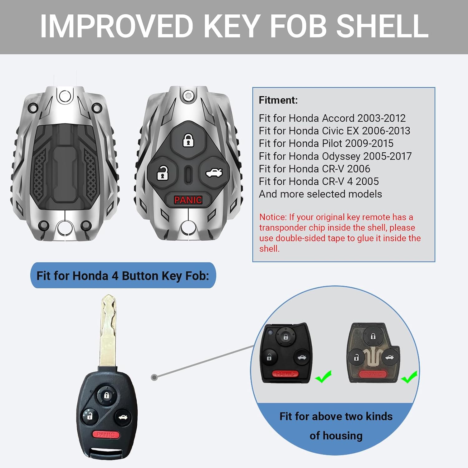 No Cutting Required - Upgraded Heavy Key Fob Cover Case for Honda Zinc Alloy Key Fob Shell for Honda 2003-2012 Accord / 2006-2013 Civic EX / 2009-2015 Pilot /2005-2006 CR-V (4 Button Silver)