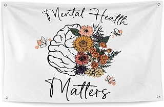 QGFM Mental Health Tapestry, Mental Health Matters Floral Brain Tapestry Wall Hanging for Classroom School Counseling Office Therapy Office Decor, Mental Health Wall Decor, 35x59 Inches
