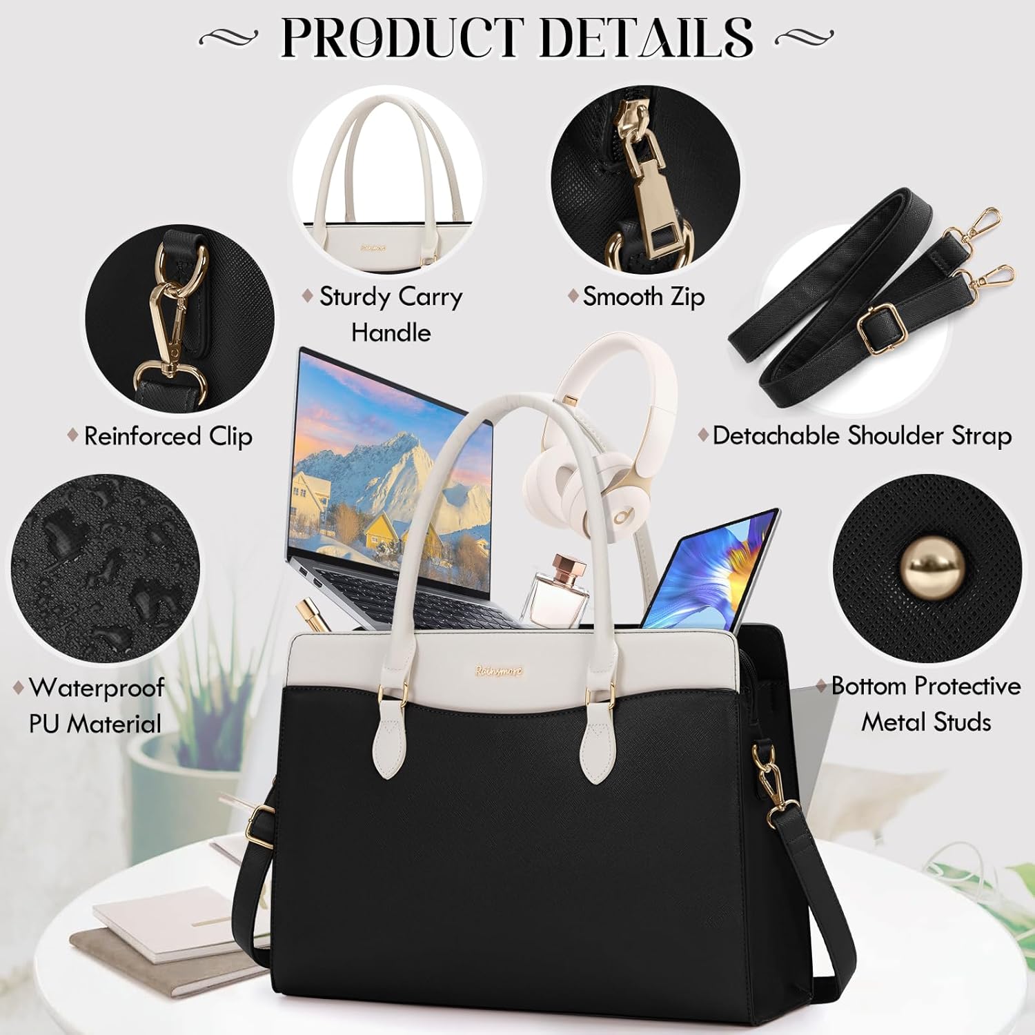 RAINSMORE Laptop Bag for Women 15.6 Inch Waterproof PU Leather Work Tote Bags Large Laptop Purse for Women Professional Womens Briefcase Computer Bags for Business Office Teacher, Black & White - Image 6