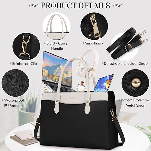 Miniatura 6 de RAINSMORE Bolsa para laptop para mujer, 15.6 pulgadas, impermeable, de piel sintética, bolsa de trabajo, bolso grande para computadora portátil para