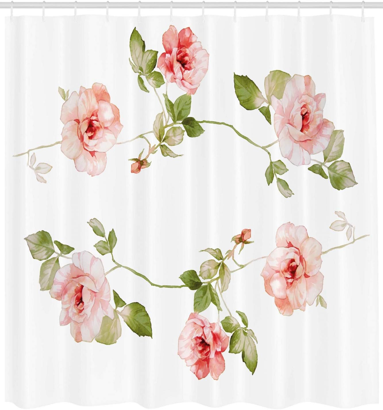 Ambesonne Floral Shower Curtain, Romantic Rose Flower Petals Shabby Form Love Blooms Botanical Design, Cloth Fabric Bathroom Decor Set with Hooks, 69" W x 75" L, Reseda Green Peach Coral