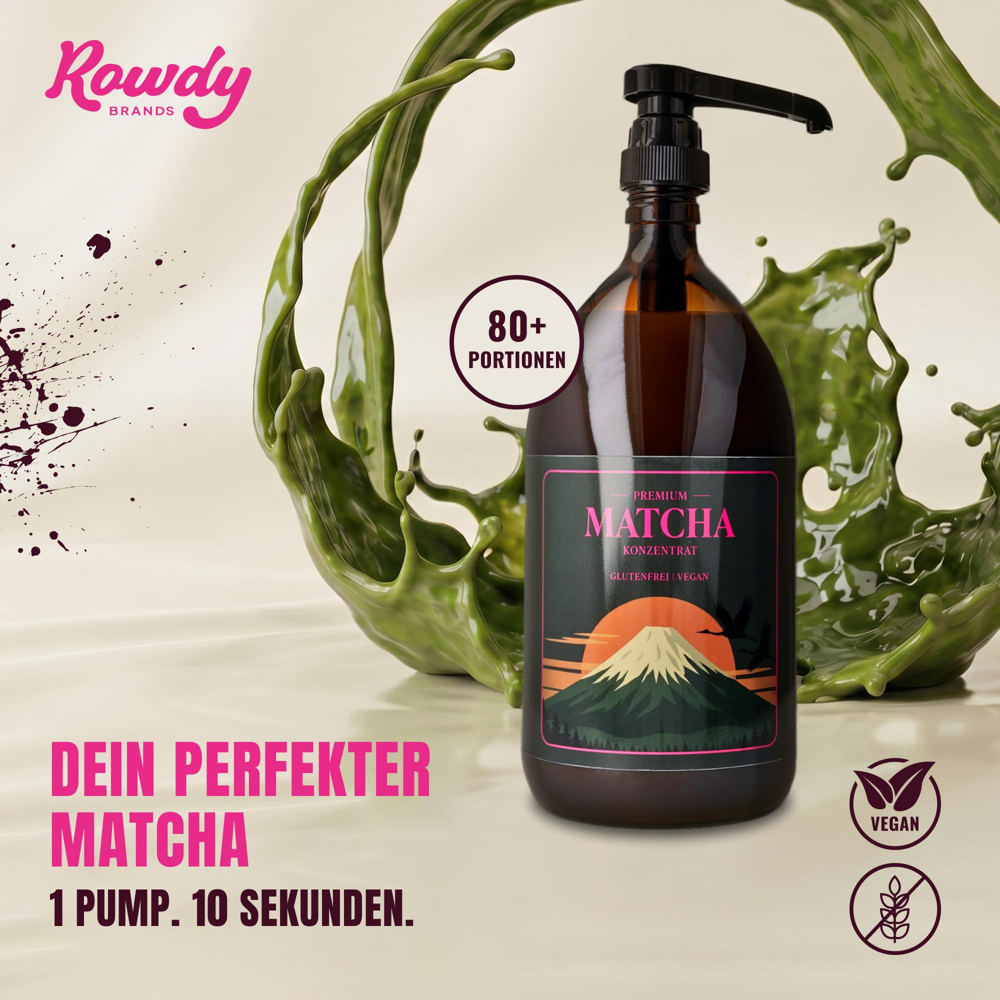 Rowdy - Matcha Konzentrat 1L mit Dosierpumpe I Matcha Latte fertig in 10 Sekunden | ~80 Portionen | Für Matcha Latte, Iced Matcha & Smoothies | Vegan Grüntee Getränkekonzentrat I sofort trinkfertig