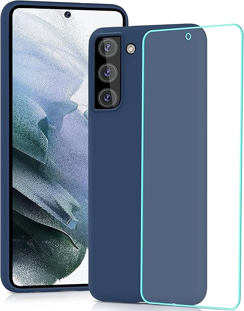 YATWIN Silicone Case for Samsung Galaxy S21 5G with Screen Protector, Soft-Touch, Shockproof, DustProof, Antiskid Full Body Armour Phone Cover for Samsung Galaxy S21 5G - Dark Blue