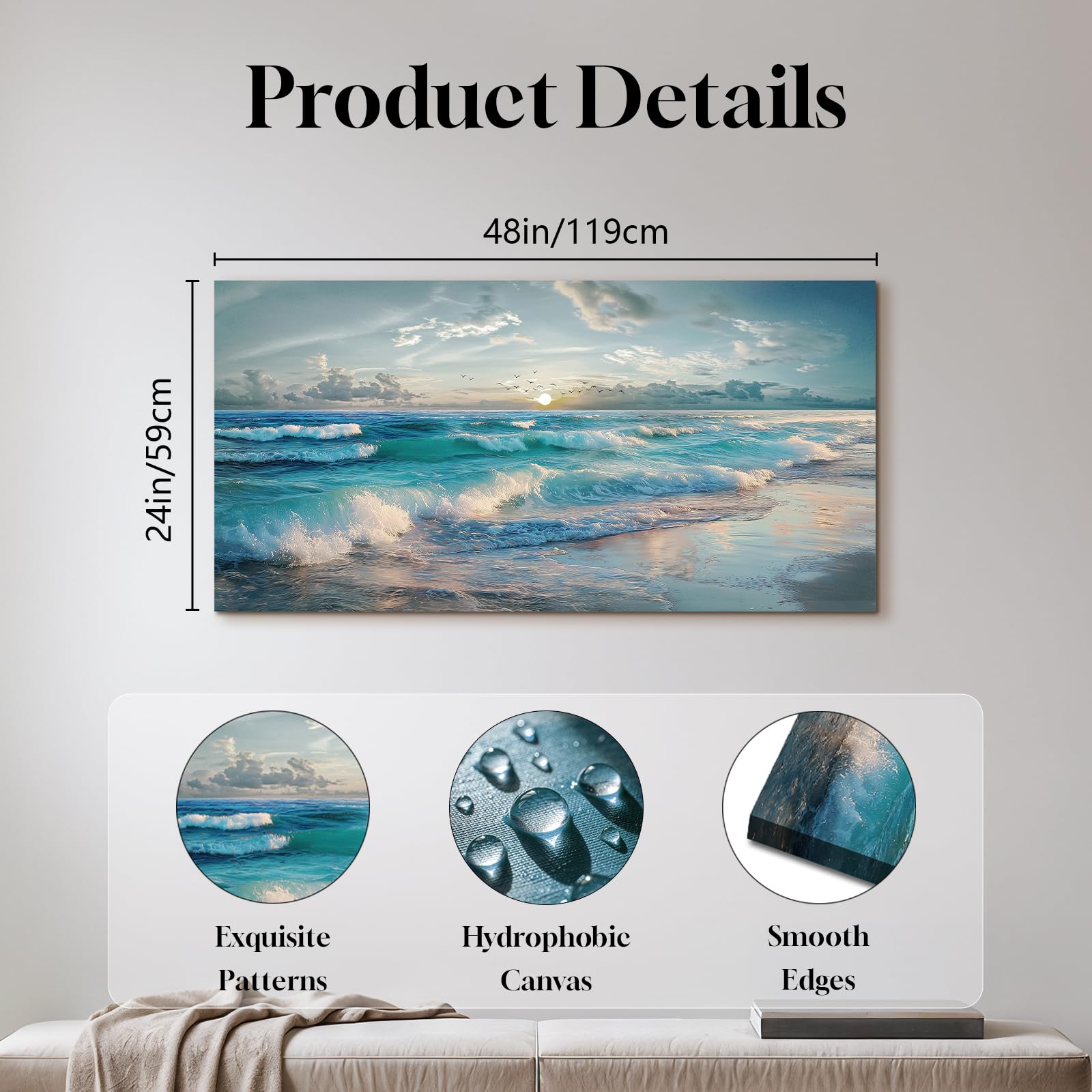 JHHUAMO Cuadros Decorativos Natural Playa para Salon Dormitorio 59x119 cm | Paisaje Costero, Artesanía Exquisita, Impresión Alta Definición, Fácil de Colgar, Apto Múltiples Espacios