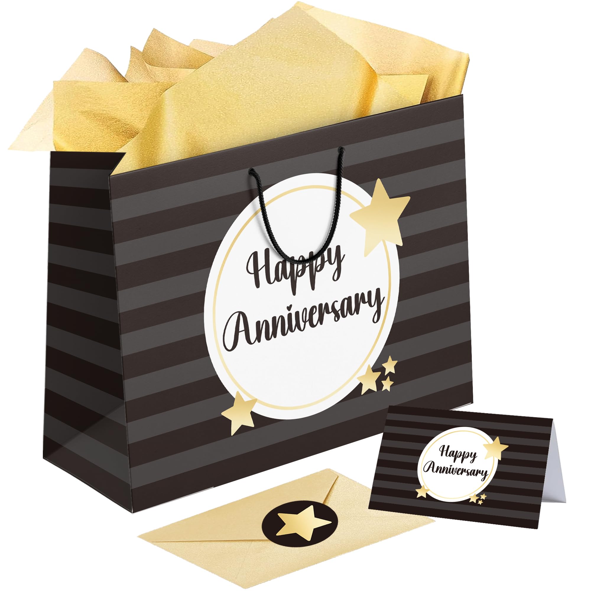 Sumerk 11 Inch Happy Anniversary Paper Gift Bag Set, Striped Black & Gold Themed Gift Bag with Tissue Paper, Greeting Card, Envelope & Star Stickers, Anniversary Wrapping Supplies