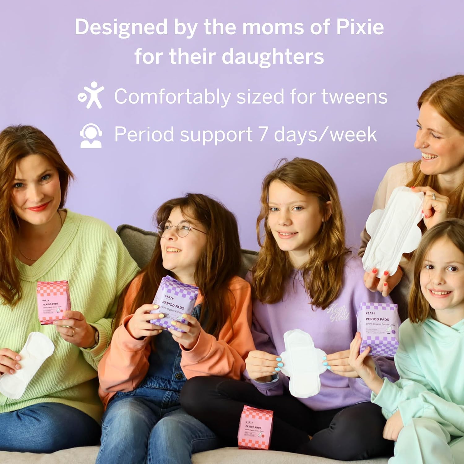 Pixie Period Starter Pads for Teen Girls - Organic Cotton 56ct - Designed for Tweens & Smaller Underwear - Leak-Proof with Wings for Feminine Care - Includes 32ct Mini & 24ct Regular Pads with Wipes