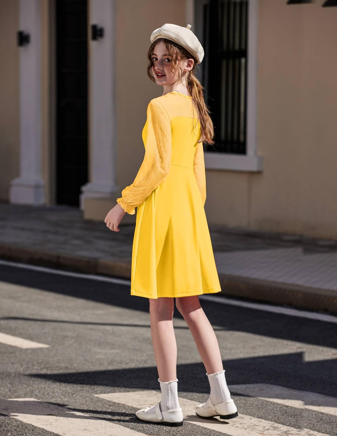 Arshiner Girl's Contrast Mesh Puff Long Sleeve High Waist A Line Short Dress with Pockets for 6-13 Years - Image 5