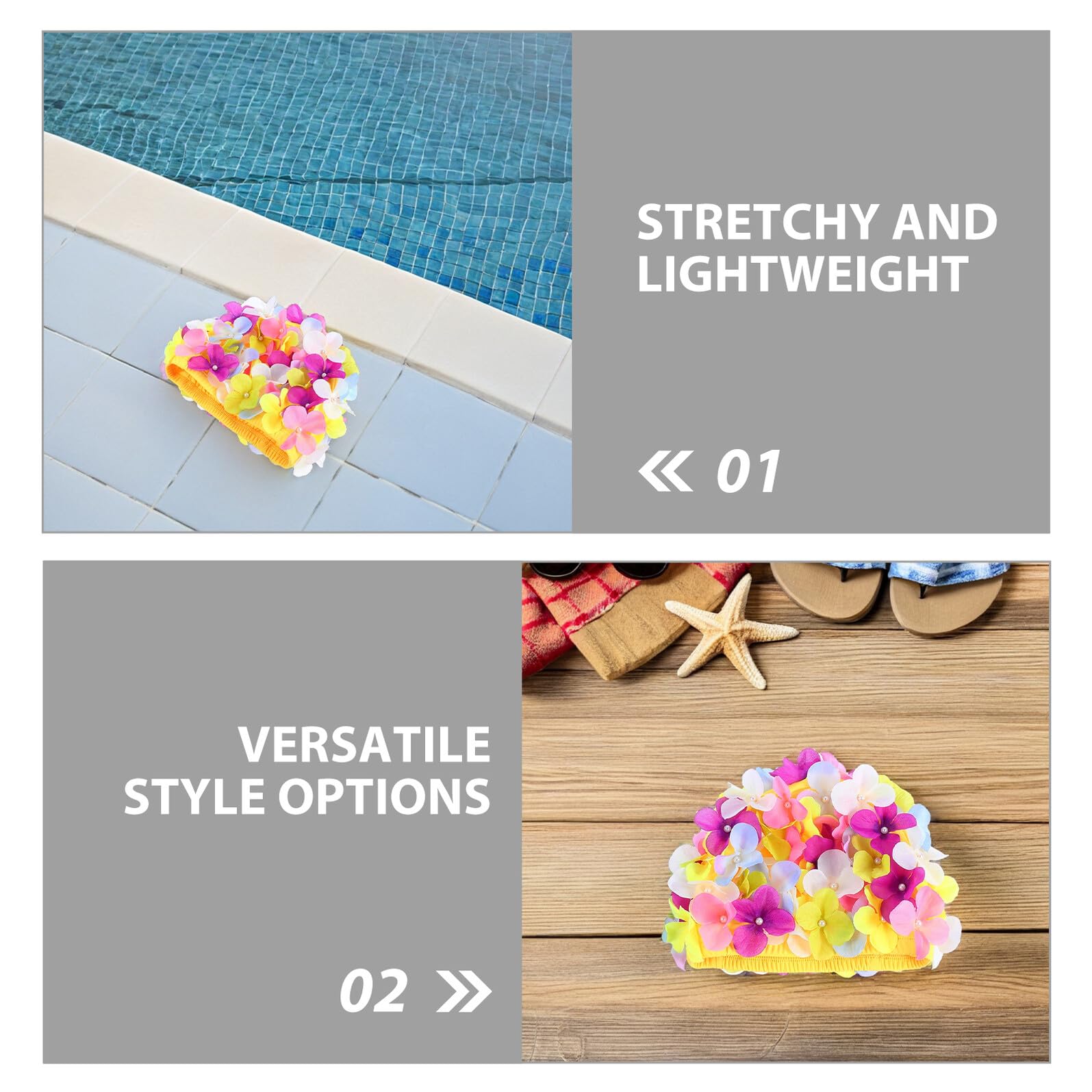 Cuffia Piscina Donna Fiori Festa Estiva 3 Pezzi in Chinlon | Petali dal Design Retrò, Vestibilità Comoda per Chioma Lunghi, e Minore Resistenza in Acqua
