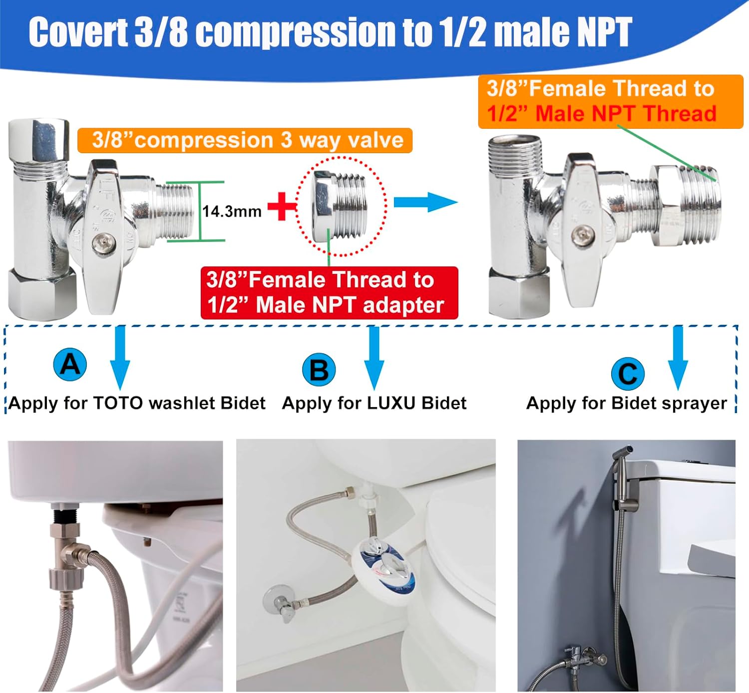 WHK Angle Stop Add-A-Tee Valve 3/8x3/8x3/8 or 1/2" Compression Tee Fittings Water Line Splitter 3 Way T Valve for Toilet Bidet,Sink Dishwasher(Lead-Free Brass)