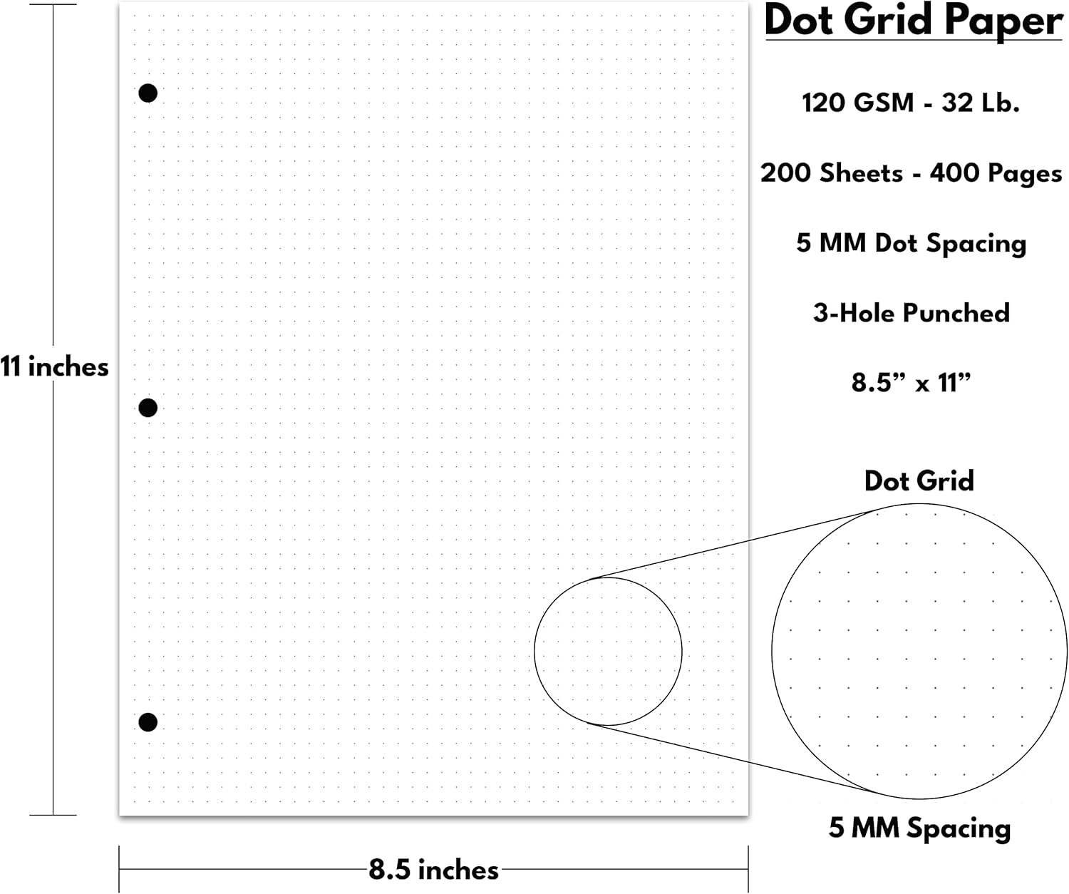 Dotted Grid Paper, Letter Size, 3-Hole Punched, 200 Sheets/400 Pages, 120 GSM, 8.5 x 11 inch, White : Office Products