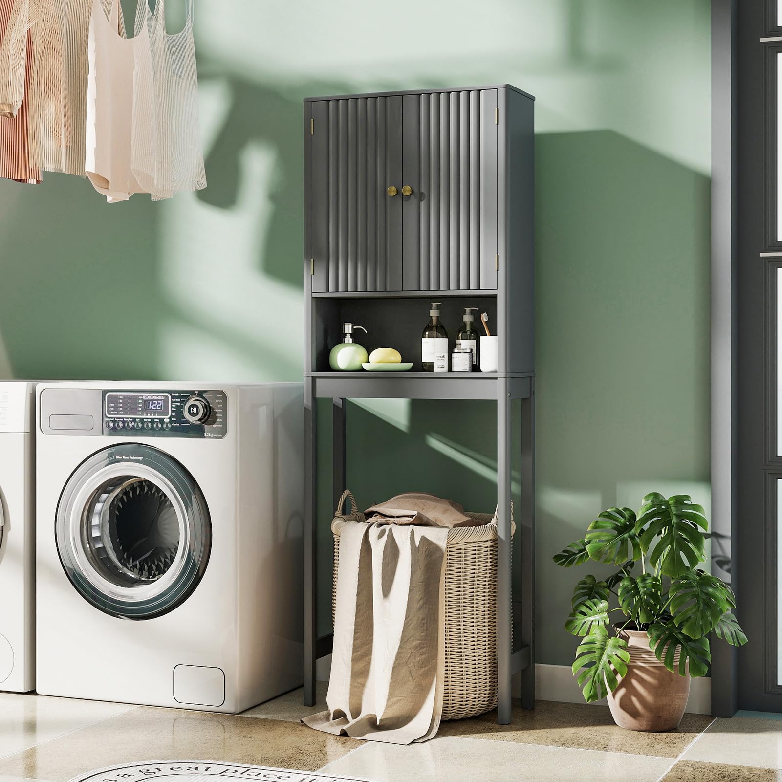 COSTWAY Mobile Bagno Sopra WC, Scaffale per Lavatrice Salvaspazio con 2 Ante, Mensola Aperta e Ripiano Regolabile, Armadietto Sopra Gabinetto in Legno, 60 x 23 x 168 cm (Grigio)