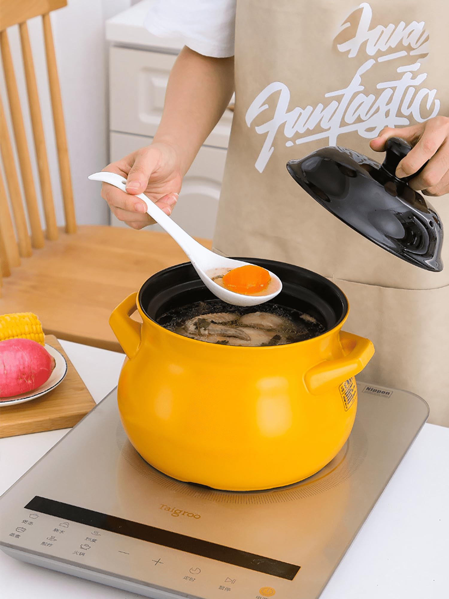 olla de cerámica, Olla de cerámica con tapa doble asa, sopera pura(Black and yellow,3.8L)
