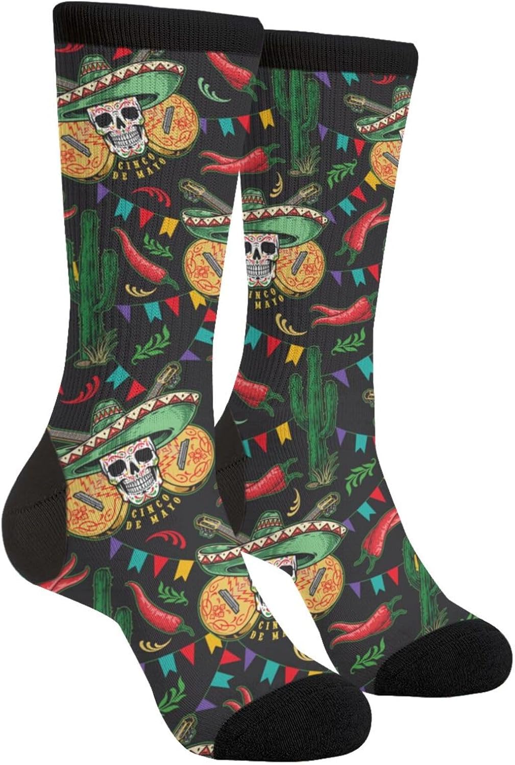 Jedenkuku Mexican Cinco De Mayo Skull Guitar Cactus Novelty Fun Crew Socks Fashion Comfortable Men'S And Women'S Crazy Dress Socks