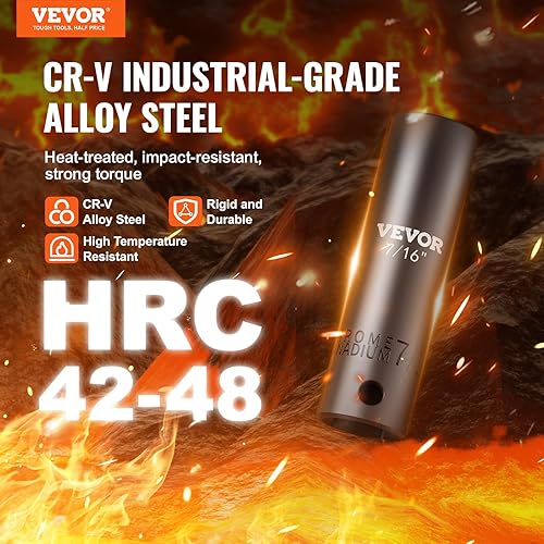 Miniatura 27 de VEVOR Juego de dados de impacto de 3/4 pulgadas, 29 piezas, enchufes de 6 puntos, construcción resistente, CR-M0, juego de llaves de vaso de 3/4