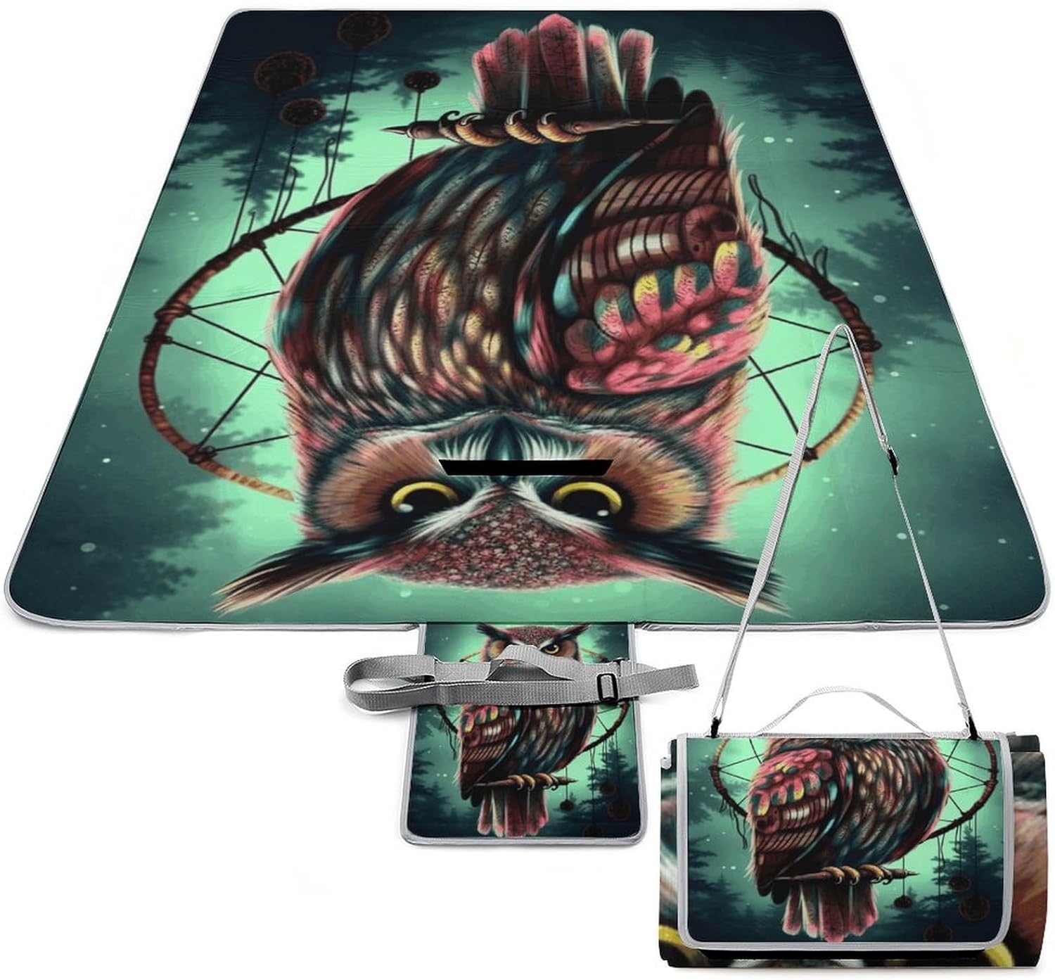 Owl Beach Blanket Thickened Foldable Camping Mats Soft Lightweight Beach Pad Square Picnic Blankets with Shoulder Strap for Park Grass Patio Hiking