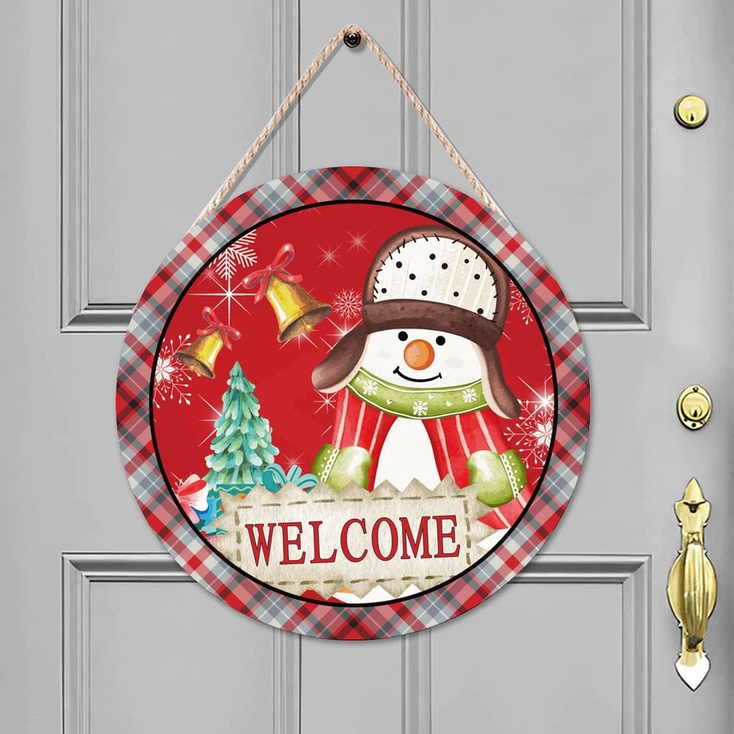 Snowman Welcome Front Door Sign, Snow Welcome Wood Door Sign, 16x16in Snowflake Welcome Wall Door Hanging Sign for Outdoor Front Porch Farmhouse Front Door Decor Housewarming Gifts