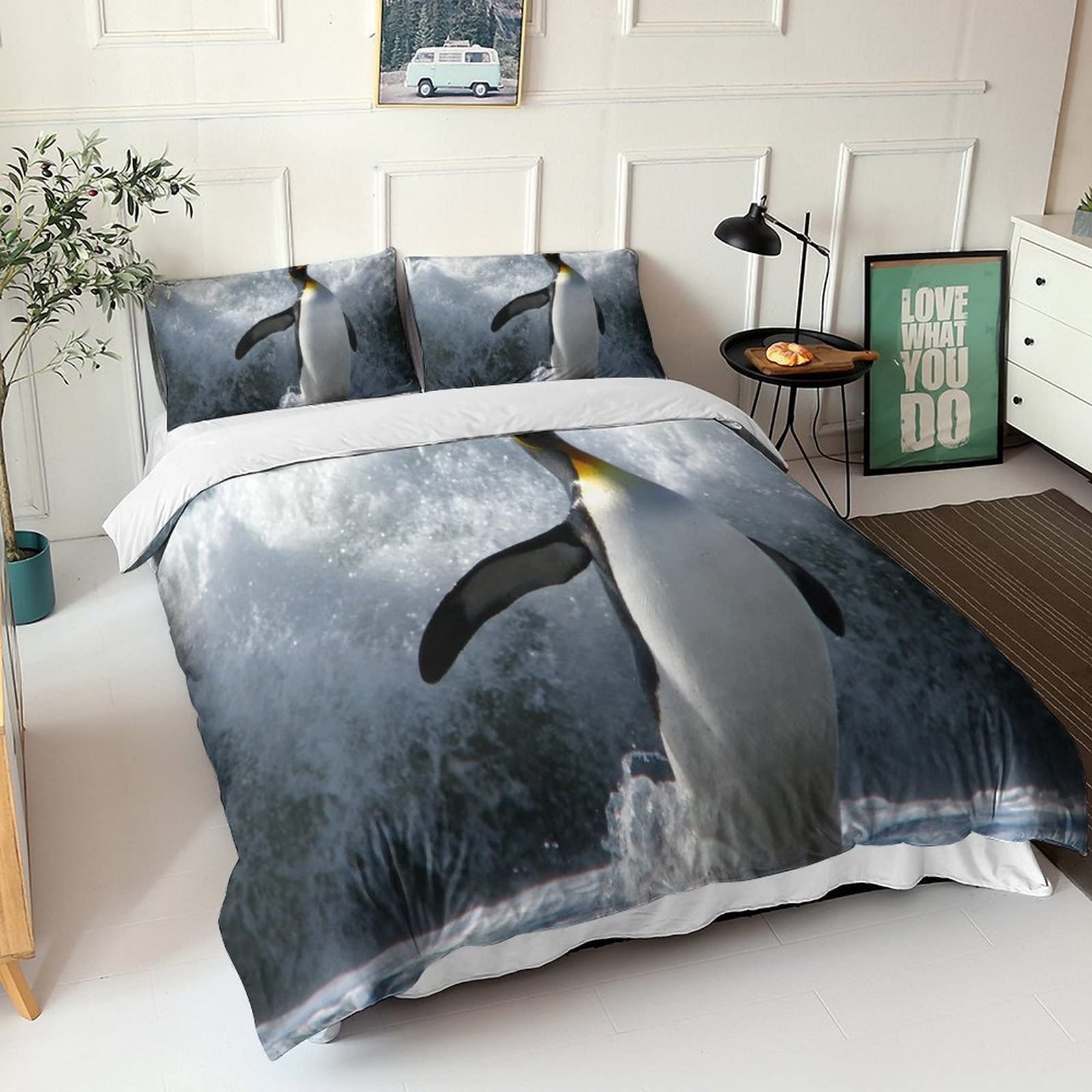 Ensemble de literie hypoallergénique SCOOVY avec motif penguin 3D pour king size