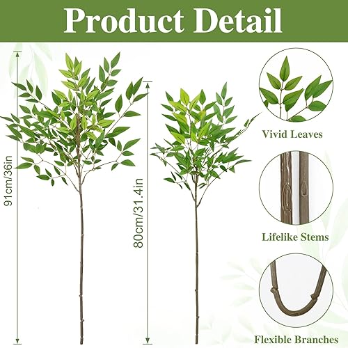 Miniatura 3 de Dremisland Nandian - 2 tallos y ramas artificiales verdes de 36 pulgadas para jarrón, plantas falsas, racimos de hojas verdes artificiales para