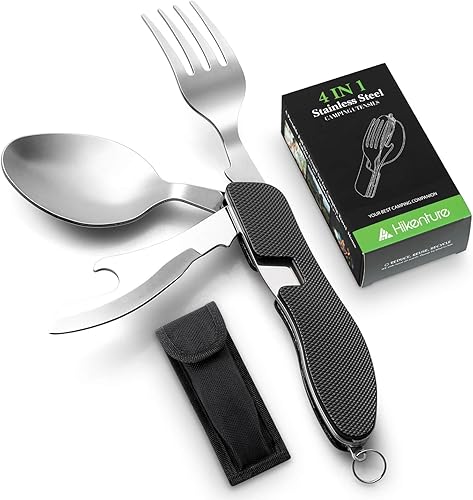Utensilios para campamento, 4 en 1, tenedor, cuchillo, cuchara, abridor de botella con funda para guardarlos, de acero inoxidable, de Hikenture (TM)