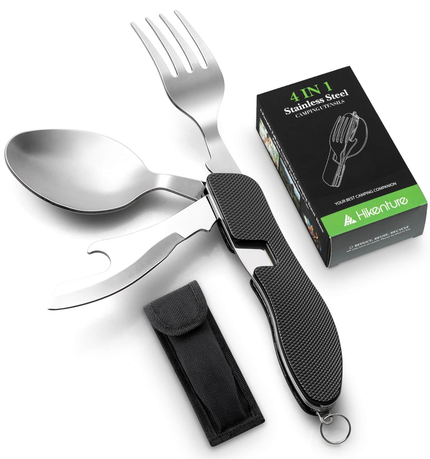 HIKENTURE Camping Cutlery 4-In-1 Stainless Steel Fork- Knife- Spoon Bottle Opener Set with Storage Case Used for Mess Tins(Black)