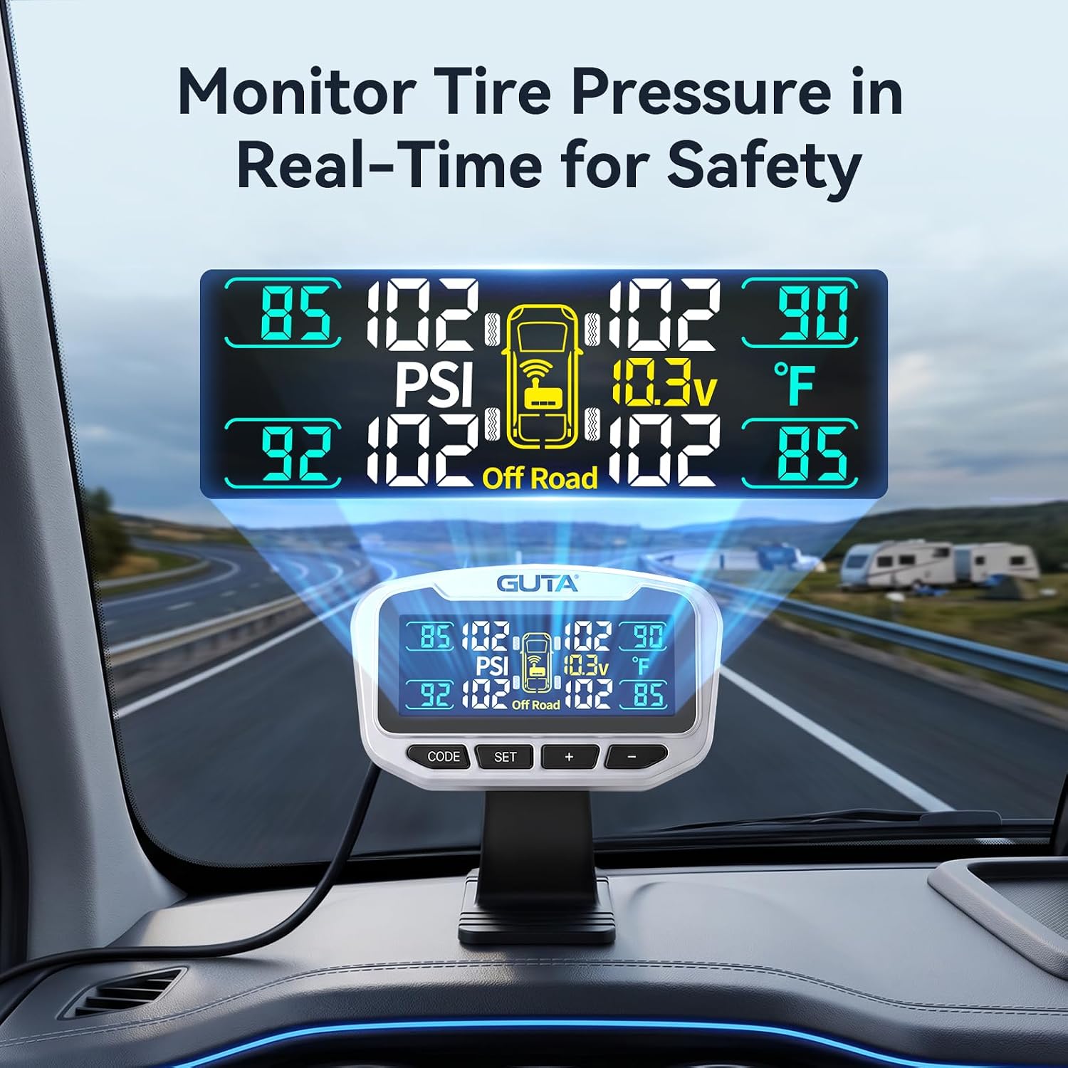GUTA Tire Pressure Monitoring System, 0-188 PSI Heavy Duty TPMS with 4 Sensors, Color LCD Display, Long Range Transmission, 6 Alarm Modes, RV Trailer Tire Pressure Monitor for Truck, Camper, 5th Wheel