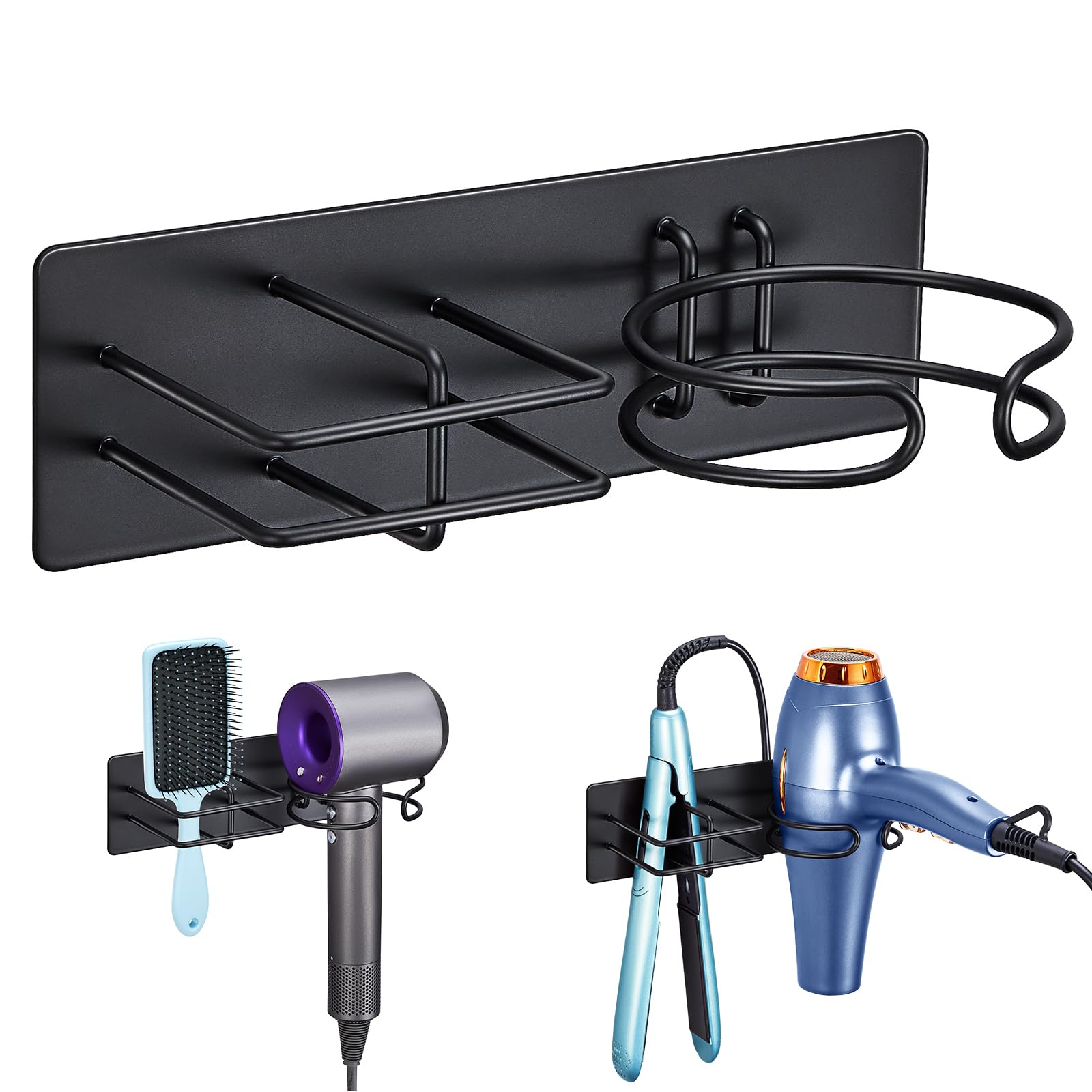 Föhn und Glätteisen Halterung, Föhnhalter Wand Ohne Bohren, Fönhalterung Wandhalterung, Haartrockner Halterung für Fön Glätteisen Aufbewahrung, Haartrocknerhalter (Schwarz)