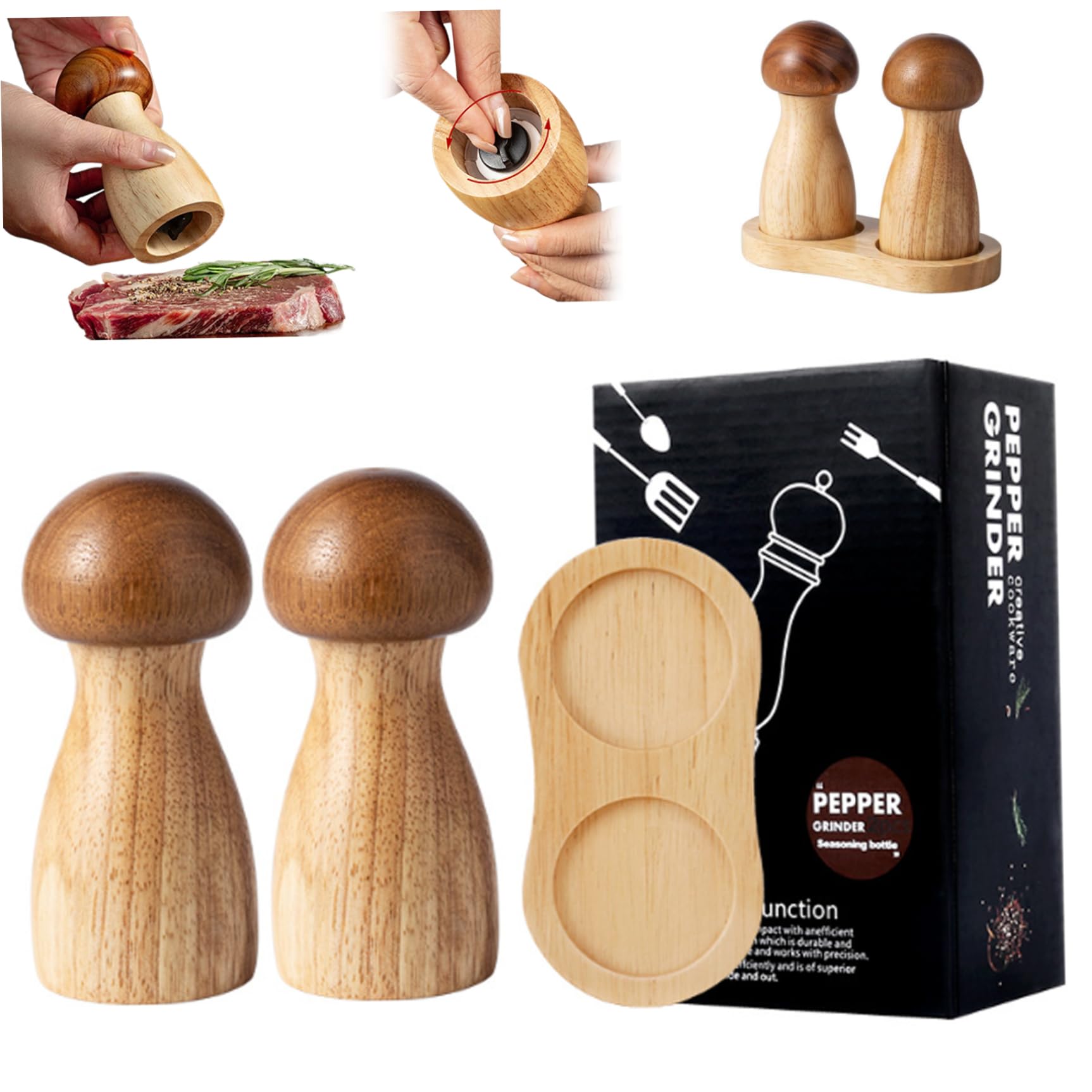 Moulin à poivre et sel en bois en forme de champignon avec broyeur céramique