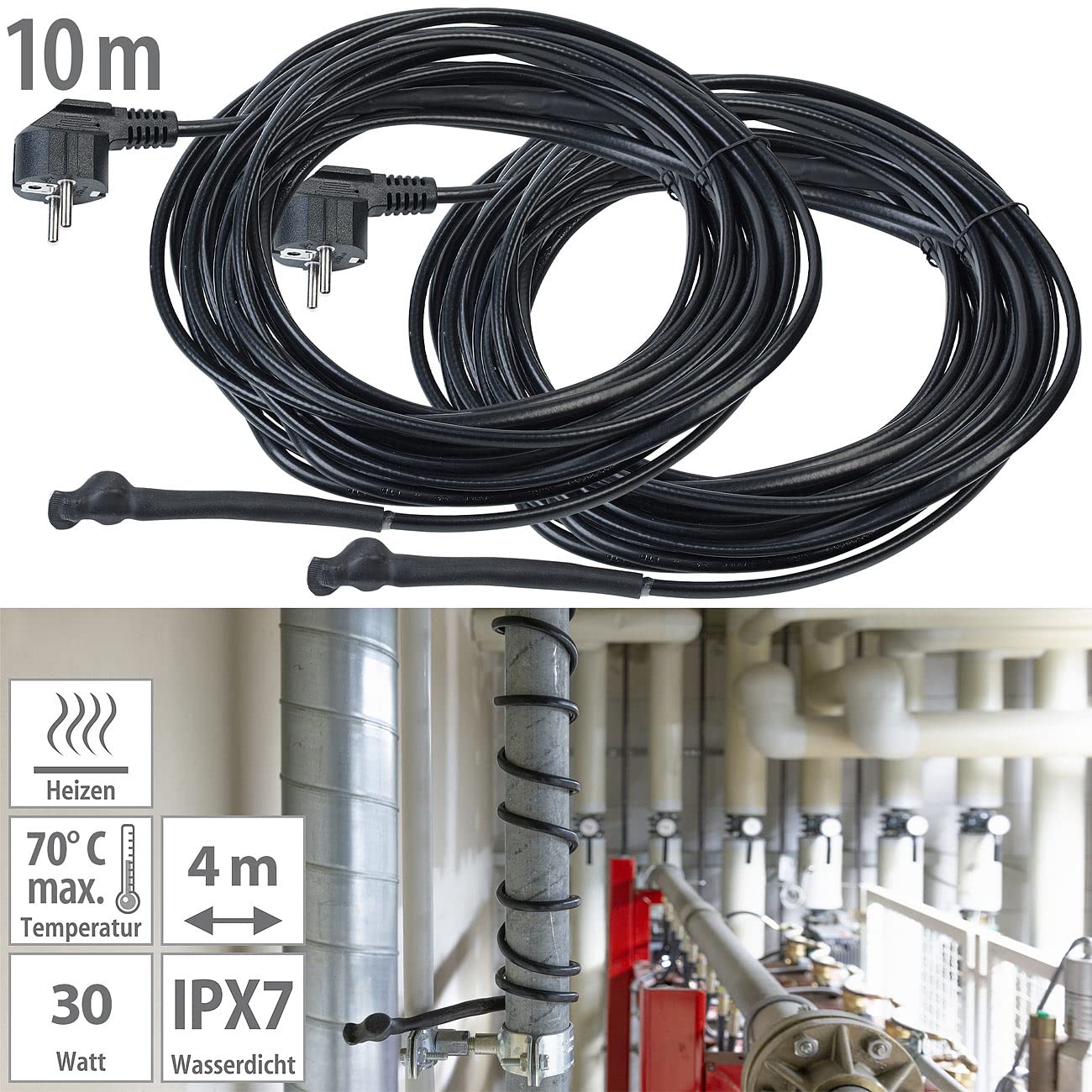 Royal Gardineer Dachrinnenheizung: 2er-Set Frostschutzkabel mit Thermostat, 10 m Heizkabel, 150 W, IPX7 (Pflanzenheizung mit Thermostat, Frostschutzkabel für Pflanzen, Eis)