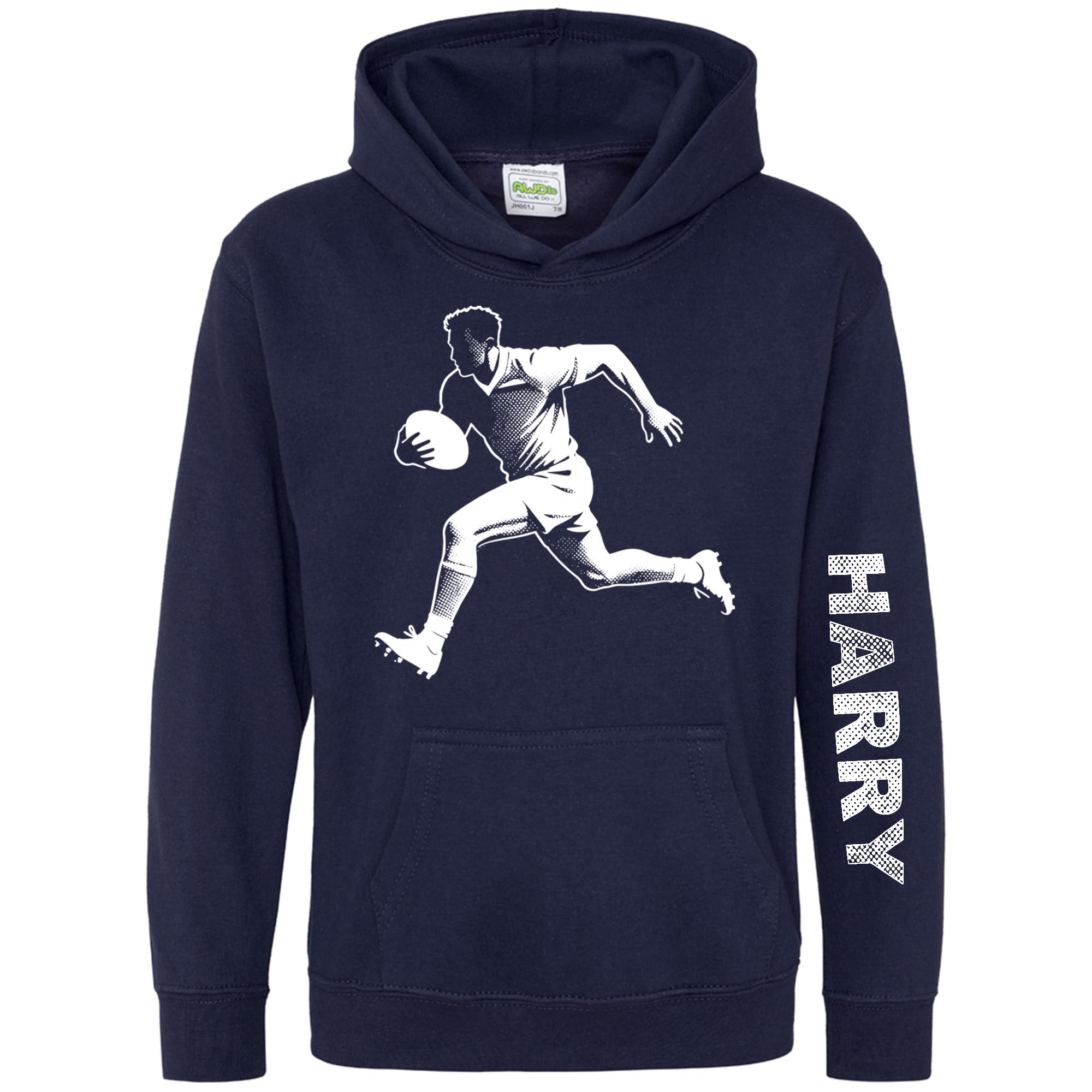 Personalised Rugby Fan Boys Hoodie - Rugga Player Dot Design Kids Hooded Top for Son or Nephew - Custom Name Sleeve Print - Young Rugger Fans Sports Lover Gift, 1-2 Years, Navy