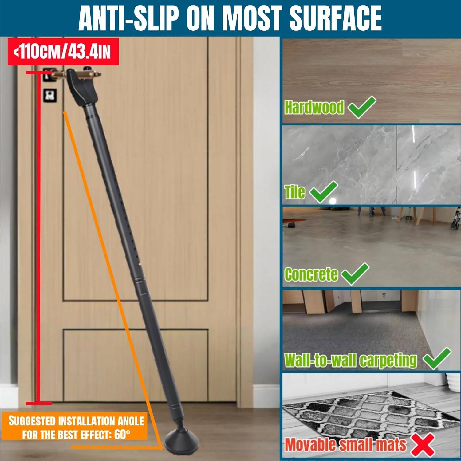2 Pack Door Security Bars, Anti-Slip Heavy Duty Door Stoppers Sliding Patio Bar, 2-in-1 Adjustable Jammer Barricade Security Door Lock Bar for Apartment, Home, Travel, Hotel Room