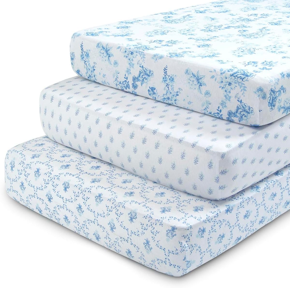 Fitted Crib Sheets for Girls and Boys - 100% Organic Cotton Crib Sheet for Standard Crib and Toddler Mattresses - 28x52 Inch - GOTS Certified (Pack of 3), Blue Botanicals