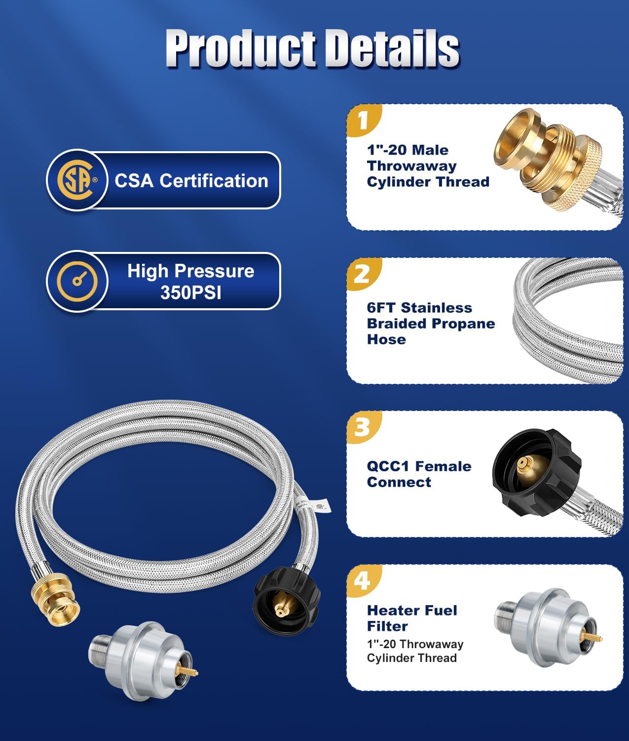 WADEO Detachable Propane Fuel Filter F273699 with 6FT Stainless Braided Propane Adapter Hose Compatiable with Propane Heater Buddy, Propane Fuel Filter with Hose Connect 5-40 lb Propane Tanks
