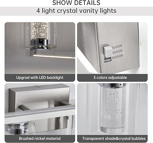 Miniatura 6 de Lámparas de baño, 4 luces de tocador de baño de níquel cepillado, luces LED regulables sobre el espejo, modernas luces de tocador de cristal para