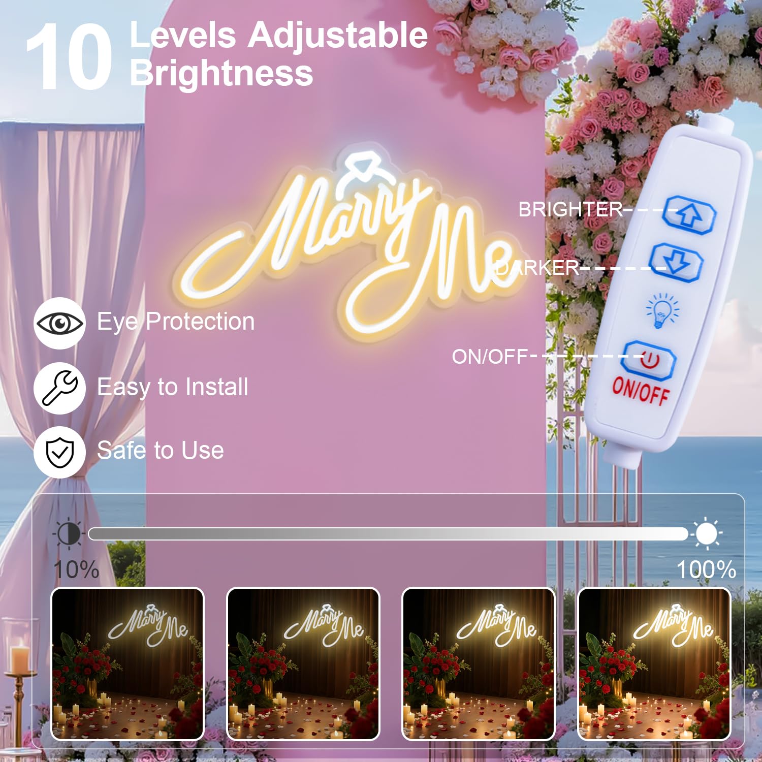 Neonschild mit Aufschrift "Marry Me", LED-Neonschild, Wanddekoration für Verlobungsantrag, Hochzeitszeremonie, Hintergrund, Dekoration, 40,6 x 22,9 cm, USB-betrieben, 10 warme Helligkeit