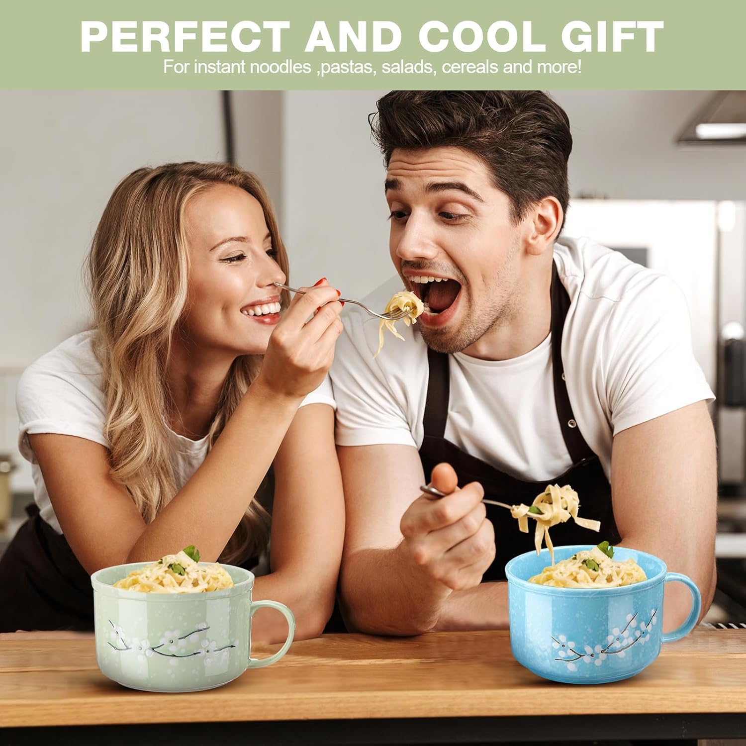 2 Pcs 30 oz Ceramic Soup Bowl with Lid and Handle Snow Flake Blossoms Cherry Pattern Microwave Soup Mug Instant Noodles Cup,2 Sets Stainless Utensils Fork Spoon Chopsticks with Case(Blue, Green)