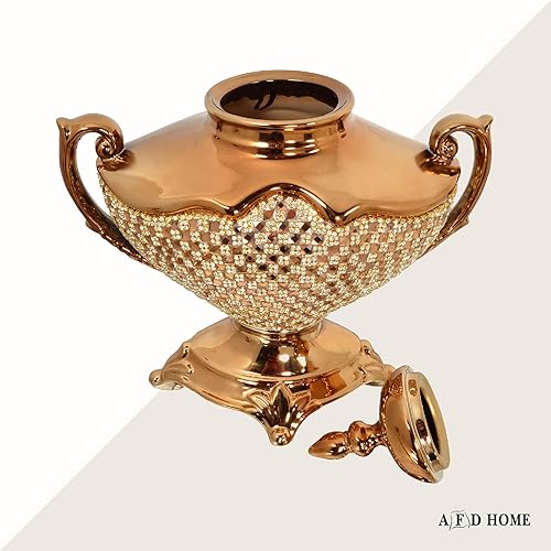 Miniatura 2 de Sopera de cristal rosa, jarrón decorativo dorado con tapa y asas, 14.96 x 15.74 pulgadas