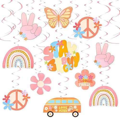 AnyDesign Juego de 36 espirales colgantes para fiestas, retro, hippie, bohemio, flores, mariposas, serpentinas colgantes en espiral para techo con