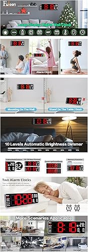 Miniatura 8 de Fuloon Reloj de pared digital con día y fecha, moderno, silencioso para sala de estar y dormitorio, control remoto (rojoblanco, 13 pulgadas)