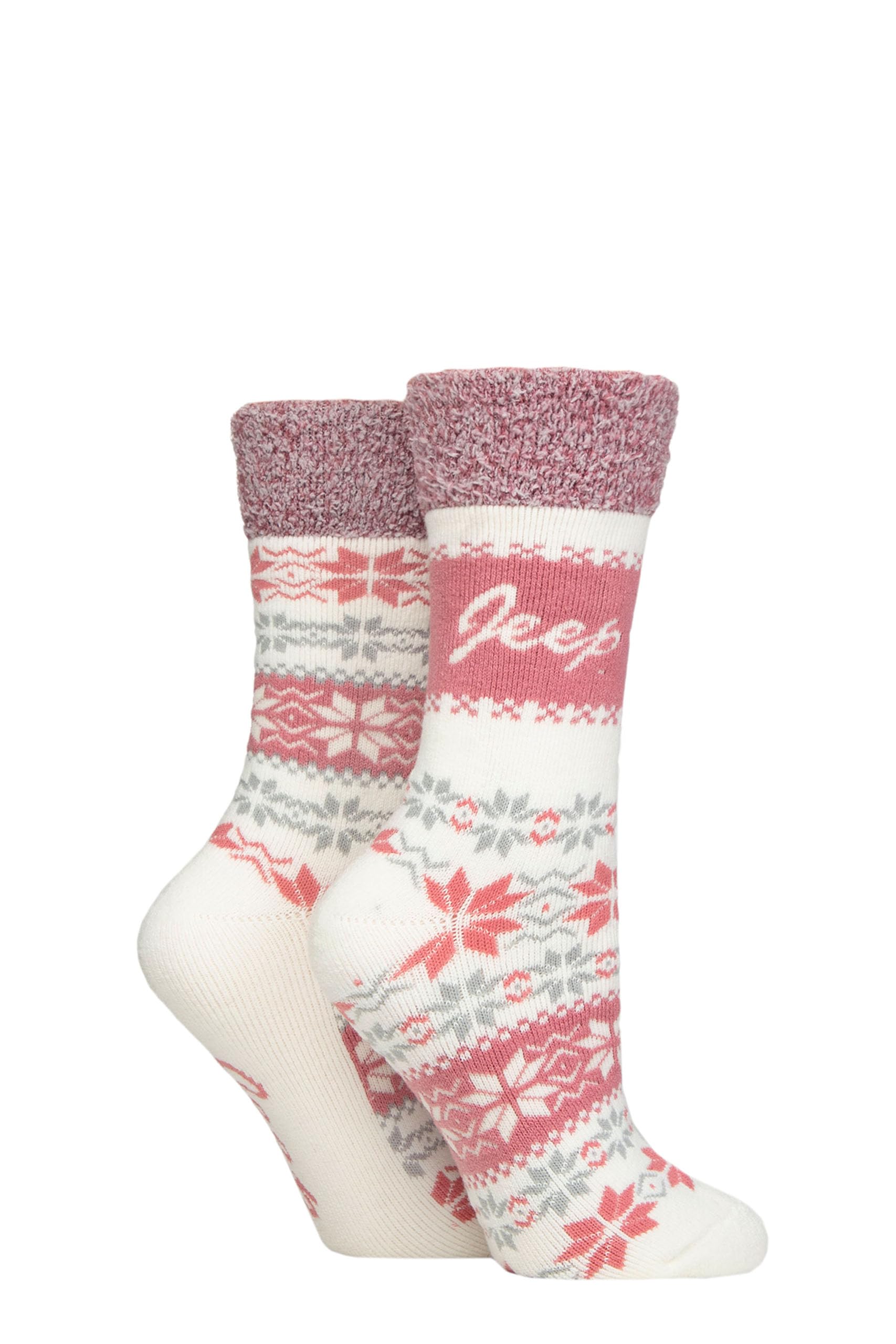Jeep Women's Cream/Rose Thermal Boot Socks - Fluffy Cuff Soft Top Fairisle Patterned Cushioned Warm Winter Socks For Walking, Hiking & Outdoor Wear 2 Pair Multipack Size 4-8
