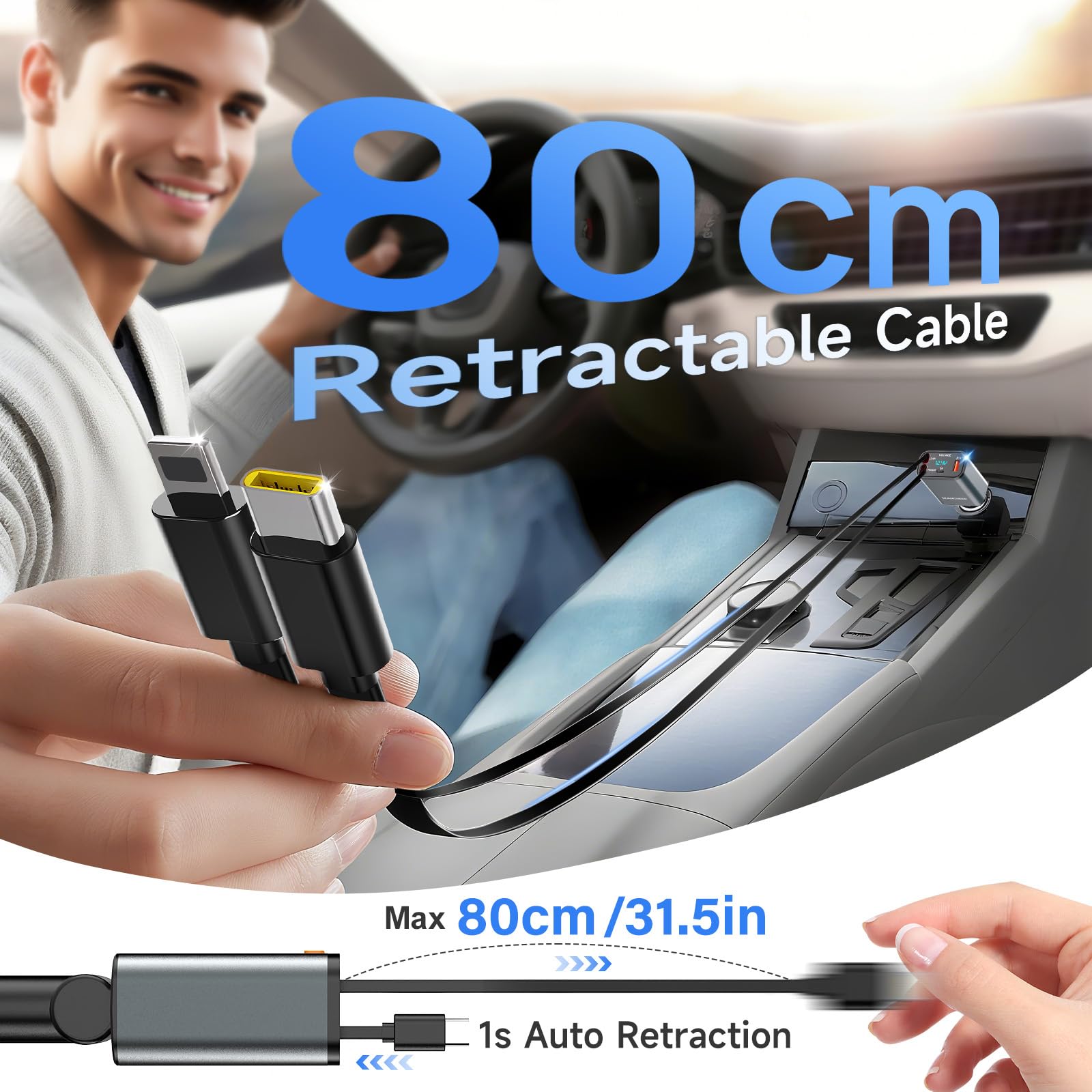 SEANCHEER Adapter Bluetooth do samochodu i zapalniczki samochodowej USB C, 69 W, ładowarka samochodowa z 2 zwijanymi kablami, transmiter FM