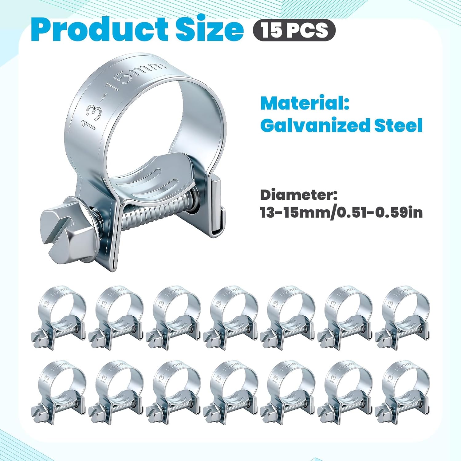 5/16" Mini Fuel Injection Hose Clamps, 15 PCS Fuel Line Clamp 304 Stainless Steel Adjustable Pipe Hose Clip Gas Line Hoses Clamps Pipe Clamp for Automotive,Diesel Petrol Pipes, 1/2"-9/16" Dia