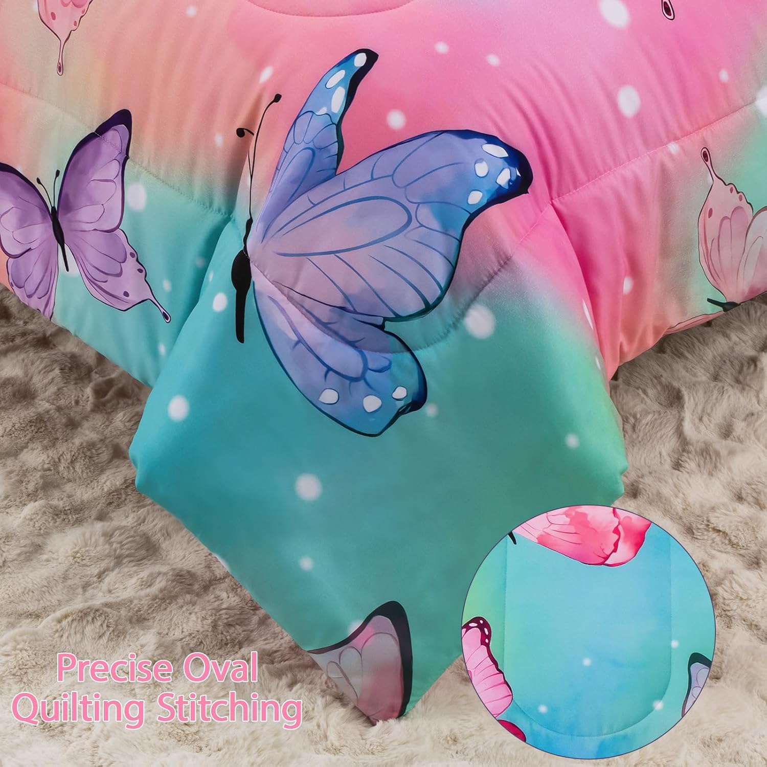 Butterfly Comforter Set Full Size 8 Piece Bed in A Bag Colorful Flowers Leaves Bedding Set for Kids Teens Super Soft All Season - Rainbow - Image 7
