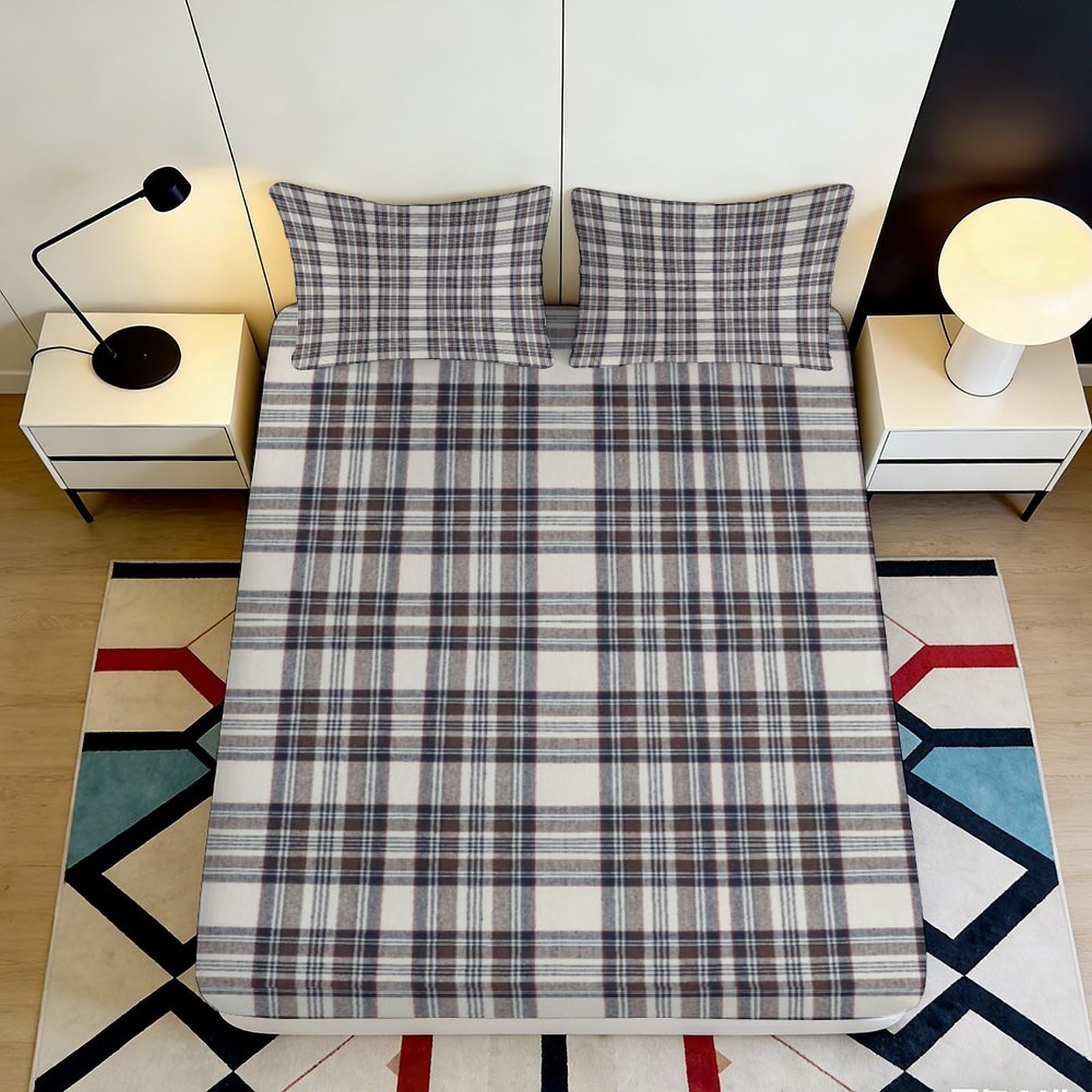 3D Printed Plaid Checkered Fitted Sheet Microfiber Soft Breathable Striped Mattress Cover for Bedroom Guest Room Decor 90x200x25cm
